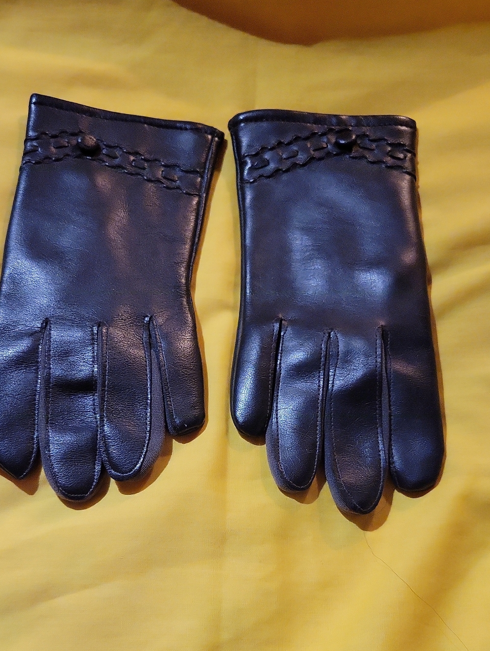 Black Vinyl Gloves With Button And Stitch Detail. Size 7 1/2 Hand.